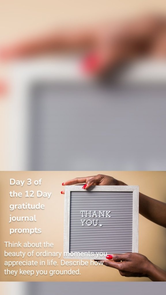 Think about the 
beauty of ordinary moments you 
appreciate in life. Describe how 
they keep you grounded.  Day 3 of
the 12 Day
gratitude 
journal 
prompts